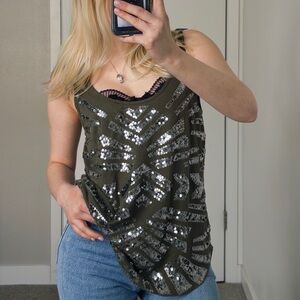 Sequin Embellished Tank Top - Olive Green